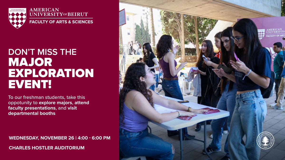 Discover your path at the Major Exploration Event! 🎓

📅Wednesday, November 26
🕓4:00 – 6:00 PM
📍 Charles Hostler Auditorium

Check out this event and stay updated on future talks by clicking on this link
🔗l.aub.edu/W53pF