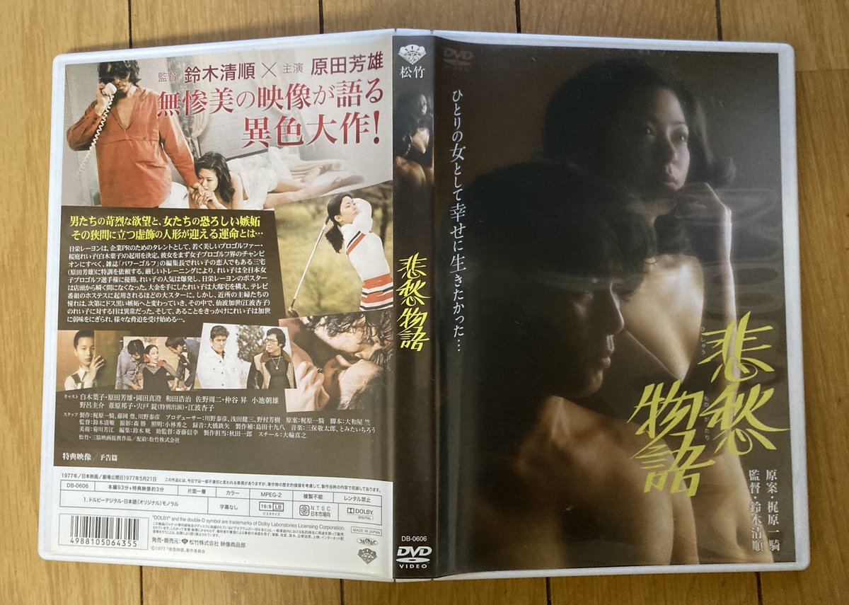 『悲愁物語』鈴木清順
プロゴルファーのれい子はモデル活動やテレビ出演によって人気スターになるが、熱狂的支持者の加世が彼女の恋人にひき逃げされた事から加世に支配される
加世の狂気の加速ぶりに唖然とさせられるが、周囲の人々やれい子自身をも狂気に感染させ、救いようのない結末が唐突に訪れる