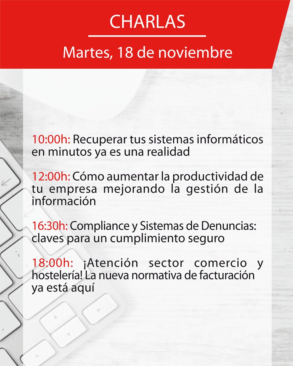 GrupoPancorbo's tweet image. ¡Os esperamos del 18 al 20 de noviembre en #OficinaEvolutiva25 con todas estas charlas! 

📝Inscripciones: oficinaevolutiva.com/inscripciones 

#sistemasinformáticos
#reprografía
#seguridad
#software
#comunicaciones
#mobiliario