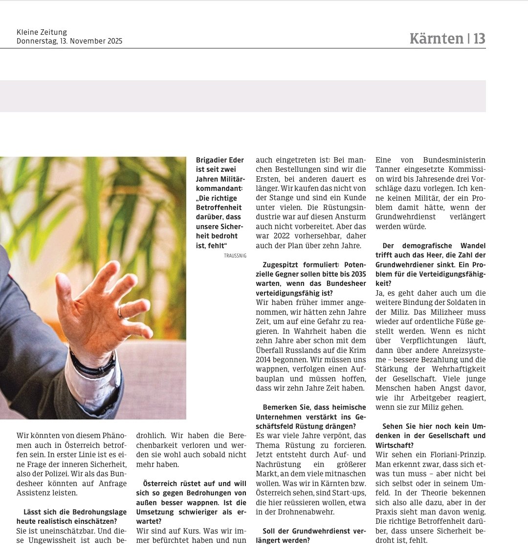 "Die Bedrohungslage ist uneinschätzbar. Und diese Ungewissheit ist auch bedrohlich. Wir haben die Berechenbarkeit verloren und werden sie wohl auch sobald nicht mehr haben", sagt Brigadier <a href="/Phil_Eder/">Philipp Eder</a> #Bundesheer <a href="/kleinezeitung/">Kleine Zeitung</a>