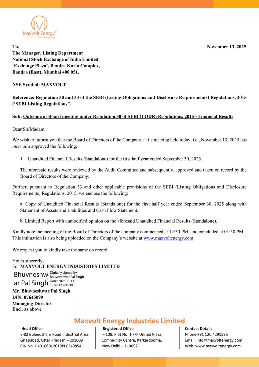 nileshkurhade's tweet image. 📌 Maxvolt Energy Industries Limited informed the exchange about its approval for the financial results for the period ended September 30, 2025. #SME #MAXVOLT 📄🧾