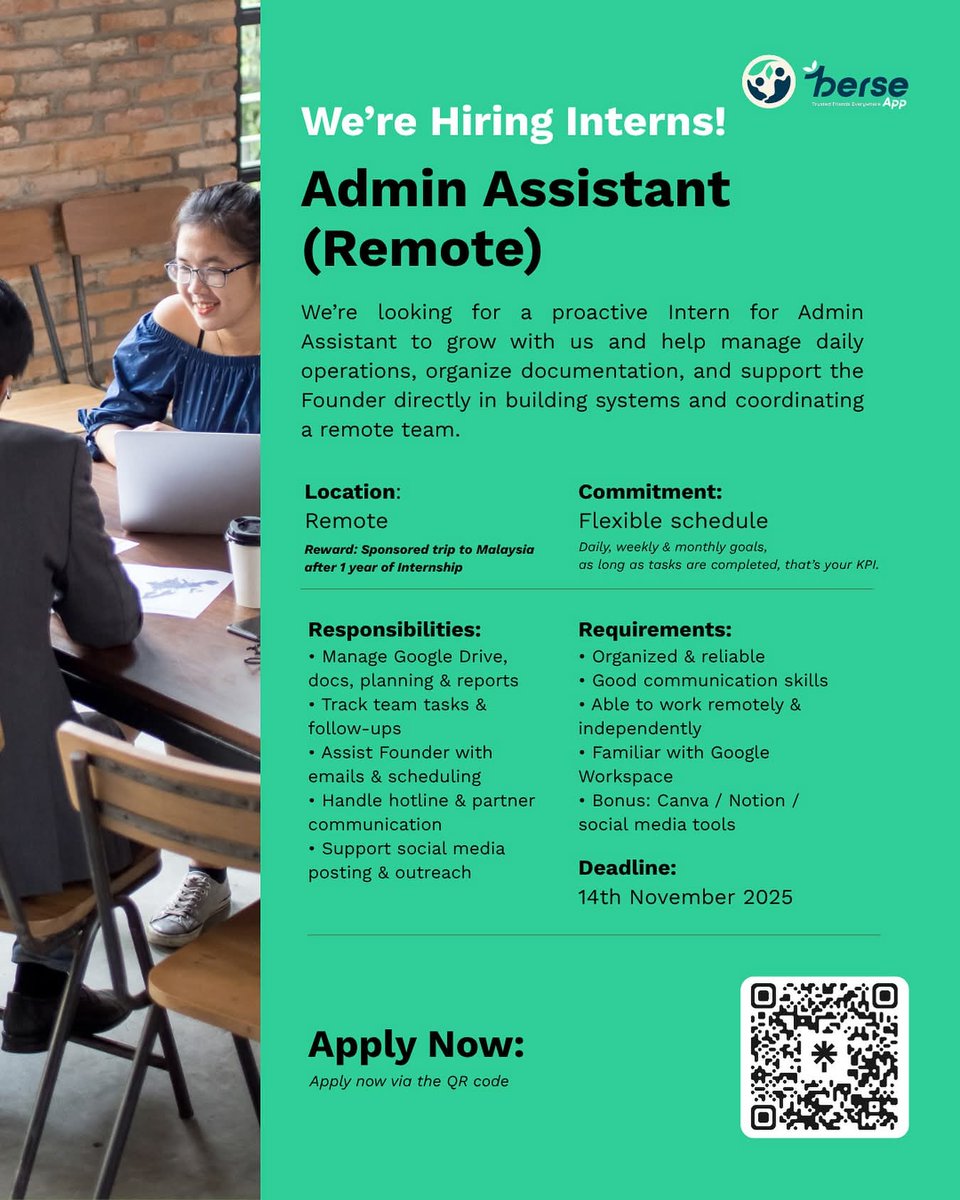 YorubaProjobs's tweet image. 🚨 Remote Internship Alert!

Berse App is hiring an Admin Assistant Intern 🌍
💰 Monthly bonus + Trip to Malaysia 🇲🇾 after 1 year!

📍 Remote | 🗓 Deadline: Nov 14
Apply 👉 linktr.ee/berse.app

#RemoteJob #Internship #BerseApp