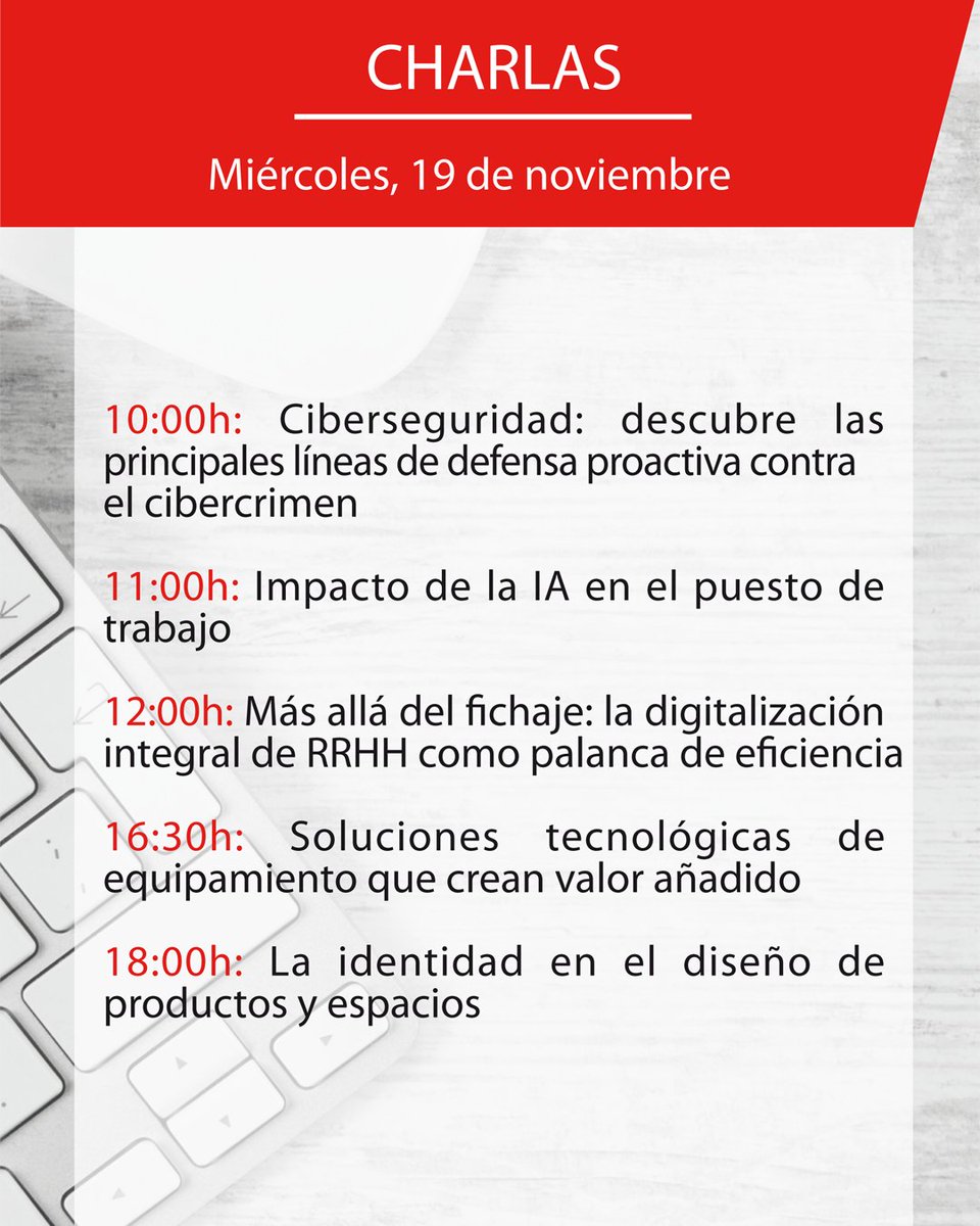 GrupoPancorbo's tweet image. ¡Os esperamos del 18 al 20 de noviembre en #OficinaEvolutiva25 con todas estas charlas! 

📝Inscripciones: oficinaevolutiva.com/inscripciones 

#sistemasinformáticos
#reprografía
#seguridad
#software
#comunicaciones
#mobiliario