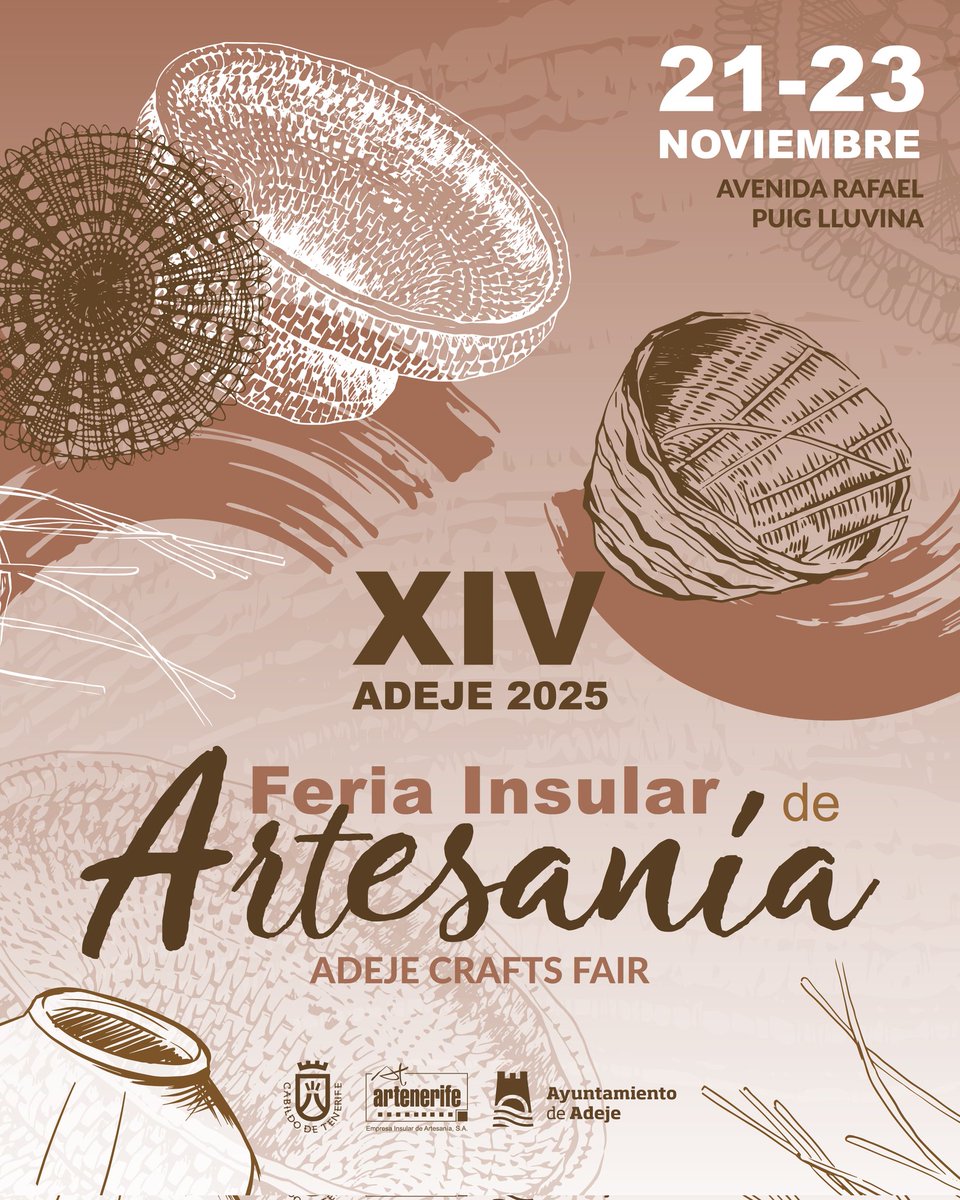 🗣️ ✨ XIV Feria Insular de Artesanía, Adeje 2025 <a href="/Artenerife_/">Artenerife</a> <a href="/adeje/">Ayuntamiento Adeje</a> <a href="/CabildoTenerife/">Cabildo de Tenerife</a>
🗓️Fecha: Del 21 al 23 noviembre 2025
🕛Horario: 10:00 a 14:00 y 15:30 a 20:00 horas
*La apertura de la feria será a las 10:00 horas del viernes 21 nov y la visita institucional a las 12:00 h...
