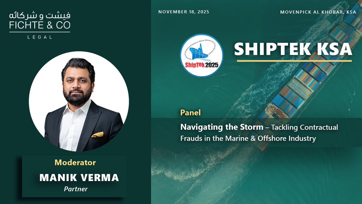 Fraud risks are critical to address in maritime contracts.
At #ShipTek2025 in Al Khobar, Manik Verma leads the panel “Navigating the Storm – Tackling Contractual Frauds in the Marine &amp; Offshore Industry,” sharing real scenarios and solutions.
Meet Manik! fichtelegal.com/contact-us/