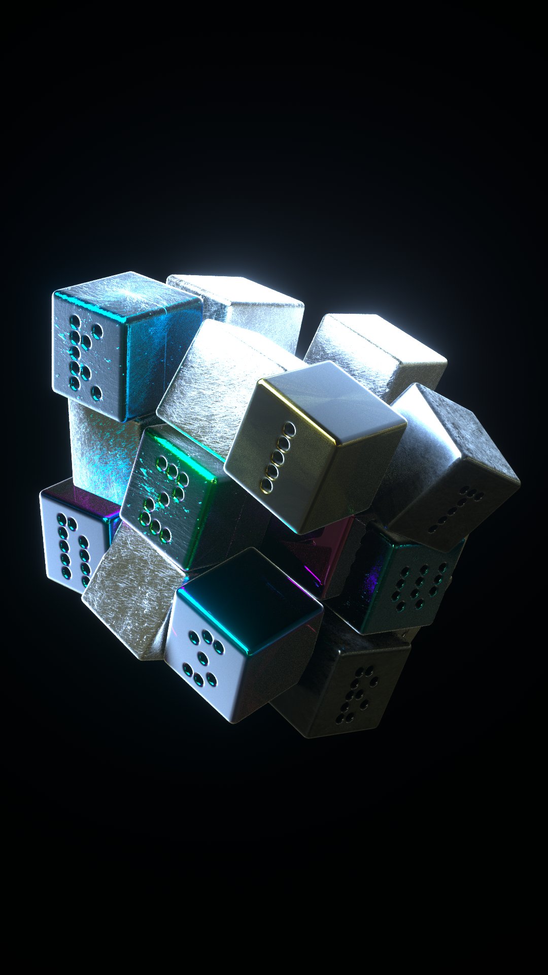 Arrangement of metallic cubes in teal, silver, and green hues with dotted surfaces, floating against a black background, evoking a digital art style for a music mood object.