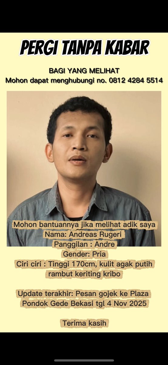 angelinsijabat's tweet photo. Twitter X please do your magic
Aku lagi cari adik aku yang pergi menghilang dari rumah tapi sampai sekarang tidak ada kabar

Semoga dengan kekuatan twitter adik aku ketemu yaa https://t.co/IBdS061IKQ