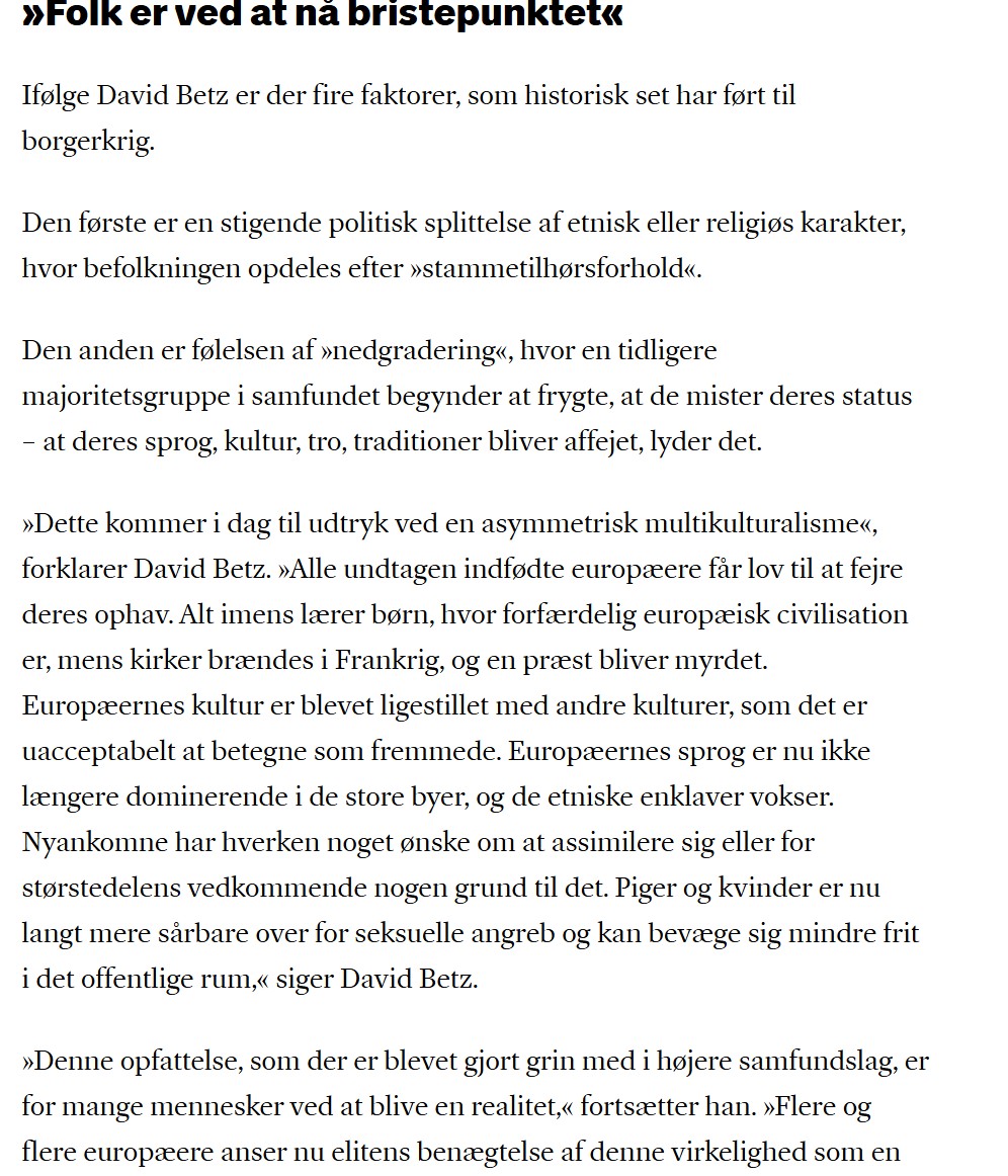 I min debut i Weekendavisen taler jeg med professor i krigsførelse David Betz om risiko for borgerkrig i Europa.

Vi diskuterer faktorer, der fører til borgerkrig, nedgradering, sabotage &amp; problemet med Europas politiske elite.

weekendavisen.dk/opinion/europa…