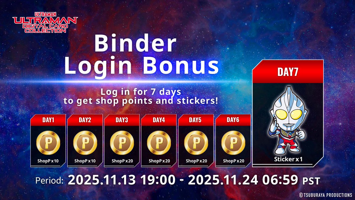 udcc_en's tweet image. ◤#UltramanDigitalCardCollection◢ 

Starting today, the Binder Login Bonus begins! !
Log in to receive Shop Points and Binder items! ✨🎉✨

Check the app for more details👀✨

#UltramanCardGame #UltramanCollection