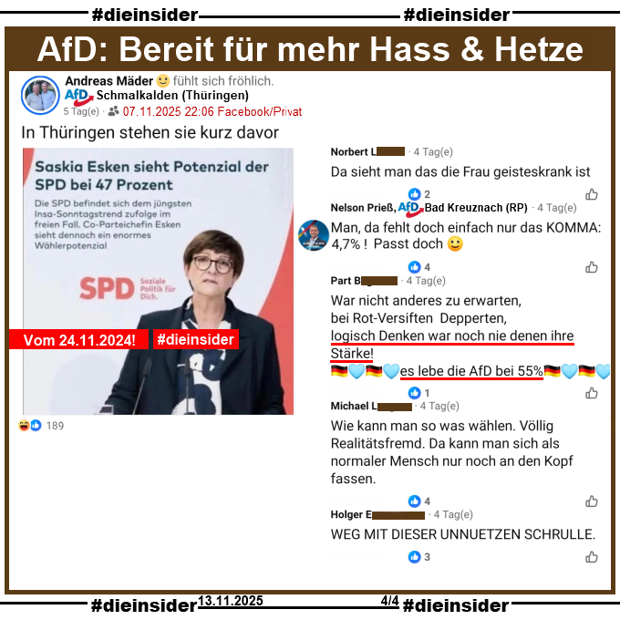 Gerne hetzen #AfD-Politiker mit alten Screenshots! Wie hier am Beispiel von Scheer und Mäder über Saskia Esken mit einem von Ende Nov. 2024!
Was „Wählerpotenzial“ heißt, weiß und interessiert den AfD-Anhänger natürlich nicht! #AfDVerbot

#LautGegenNazis #Antifa 
#DieInsider