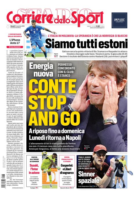 Front Page Corriere dello Sport, Thursday 13 November 2025