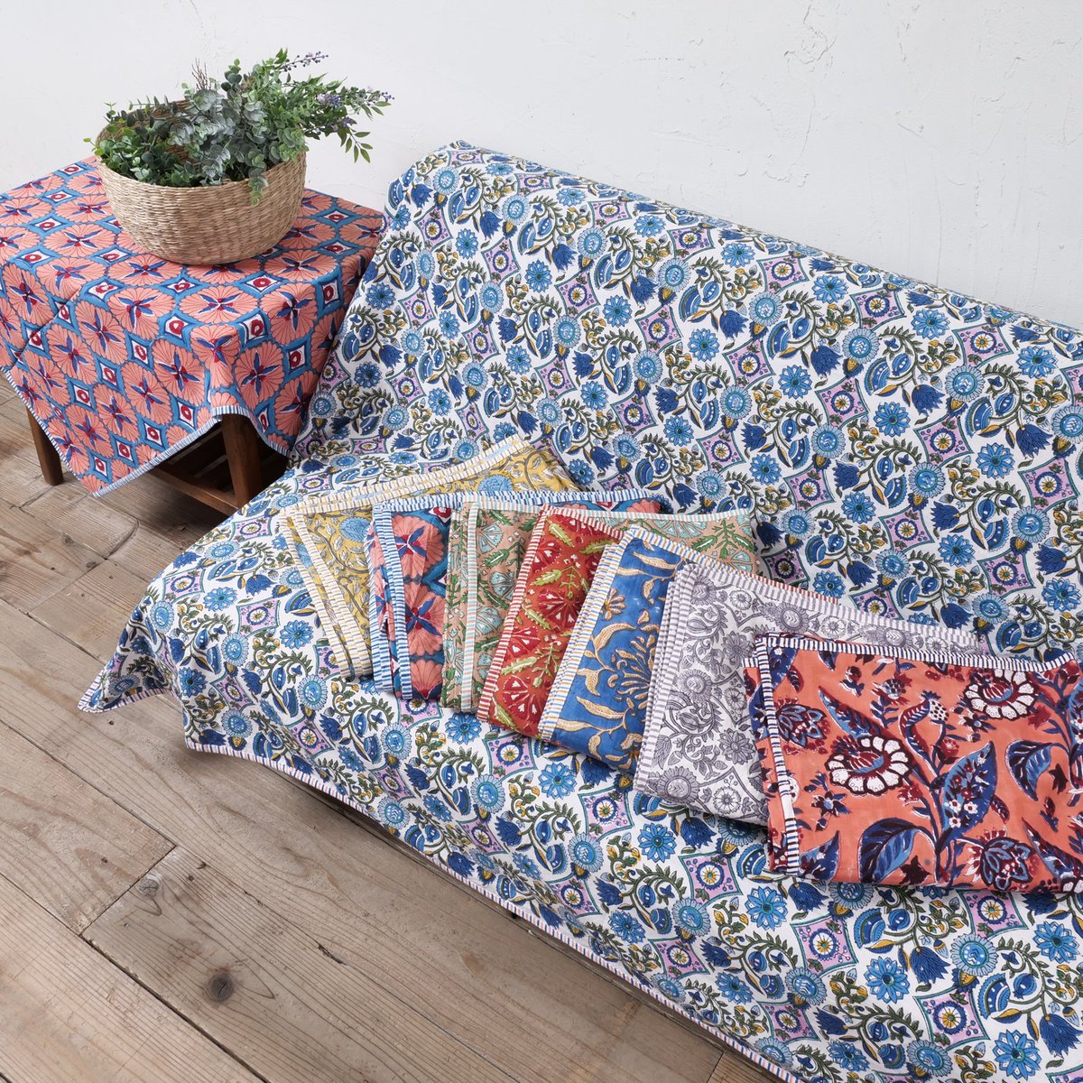 花柄 ハンドブロックプリント カンタキルト ソファカバー ブルー 760