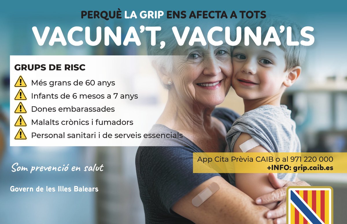 💉 La vacunació contra la grip és la mesura més eficaç per prevenir la malaltia.

👉 Les vacunes són segures i redueixen els casos greus i les seves complicacions.

📅 Demana cita:
☎️ 971 22 00 00
💻 Portal del Pacient d’IBSalut
📱 App Cita Prèvia CAIB
🏥 Centres de salut
