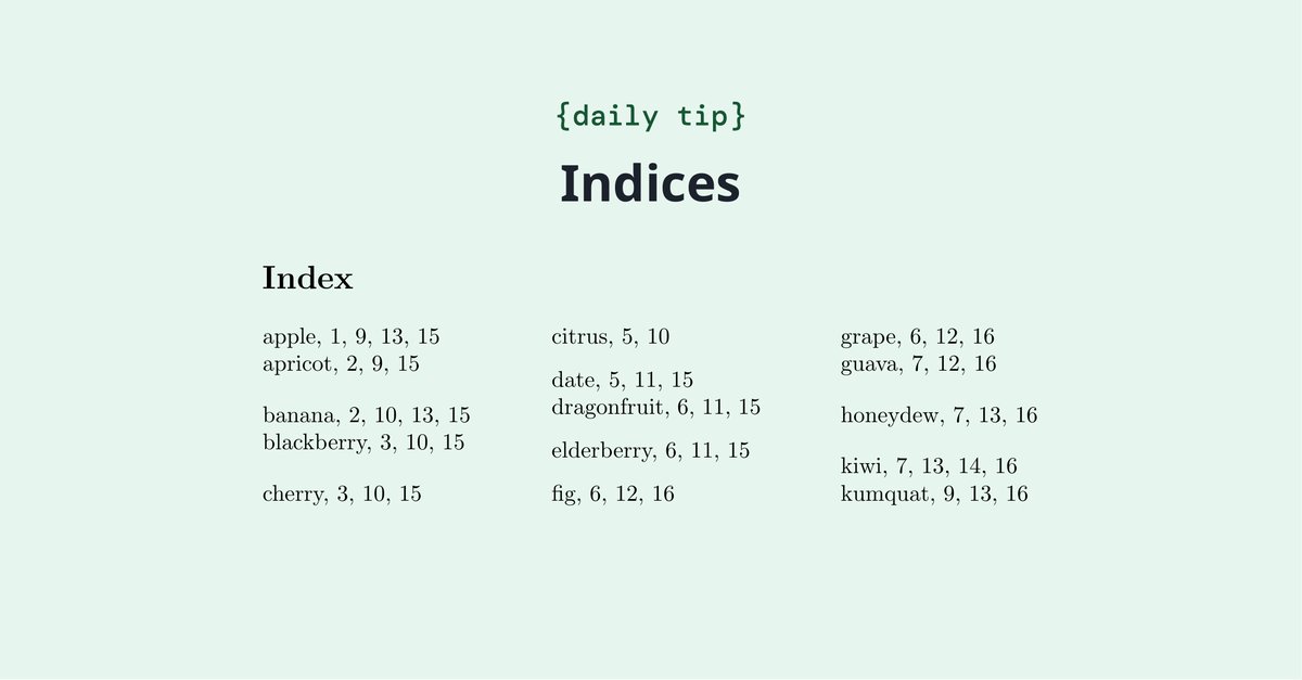 overleaf's tweet image. In big documents, sometimes there&apos;s an alphabetic list (usually named index) containing the main terms to help readers easily find their occurrences within the text. LaTeX makes it easy to generate such a list. Check it out: overleaf.com/learn/latex/In…