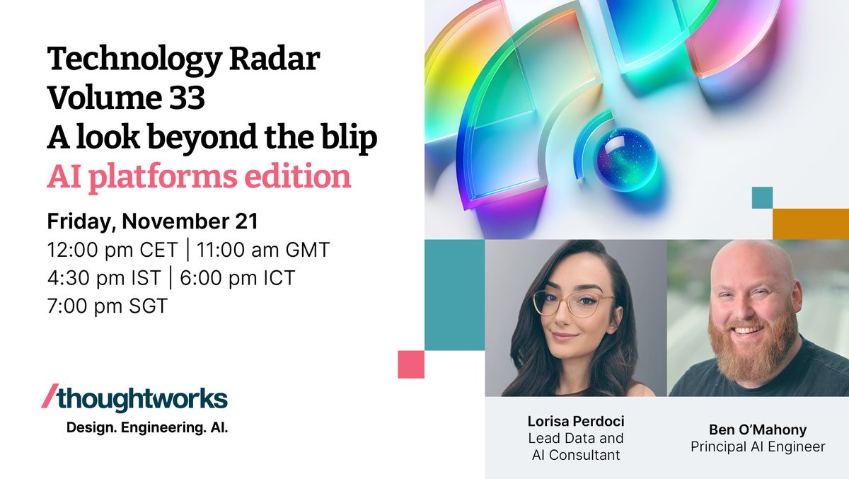 thoughtworks's tweet photo. The latest #TechRadar dives into AI’s impact and this exclusive webinar goes even deeper: focusing on #AIPlatforms and real-world lessons.
Hear from Ben O'Mahony & Lorisa Perdoci as they share what works (and what doesn’t) in AI infrastructure.
Register: https://t.co/aH75aVxTec https://t.co/KJfYf58vfi