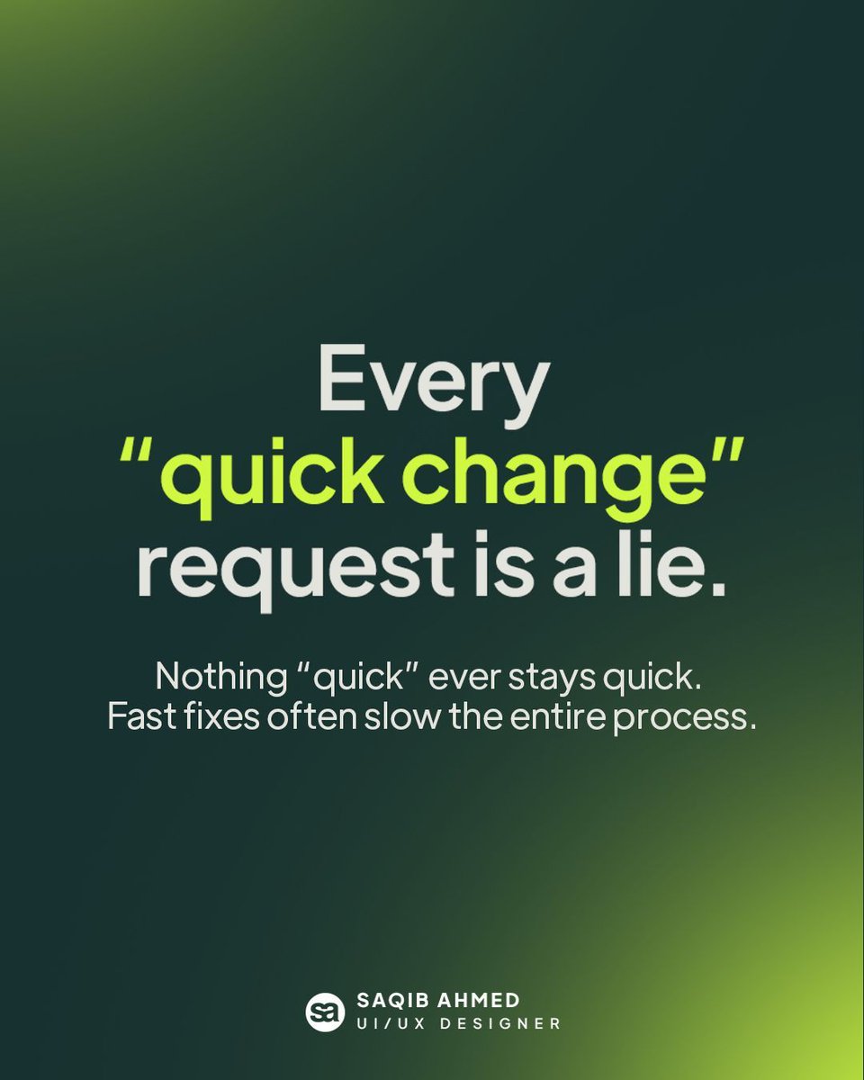uiuxwithsaqib's tweet image. Every designer’s truth: There’s no such thing as a quick change.
Because every tweak touches something else — and that “2-minute fix” often turns into hours of adjustments.

#designprocess #uiuxdesign #creativeworkflow #uiuxwithsaqib #saqibwebdesigner