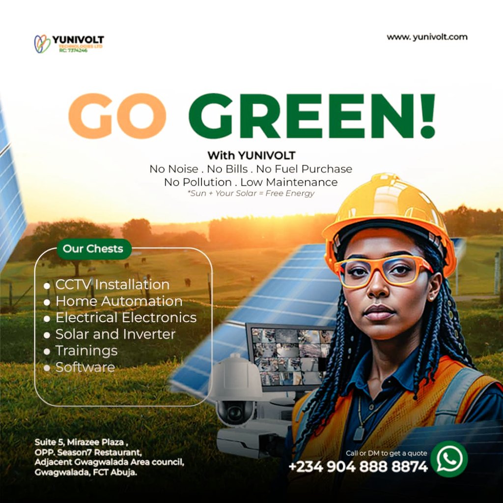 YuniVoltTech's tweet image. 💚 GO GREEN. LIVE CLEAN. ⚡
Every solar panel installed is one less strain on our planet.
At Yunivolt Technologies, we’re not just powering homes, we’re protecting the environment. 🌍

✨ Reduce carbon.
✨ Save costs.
✨ Secure a sustainable future.
#Yunivolt
#CleanEnergy
