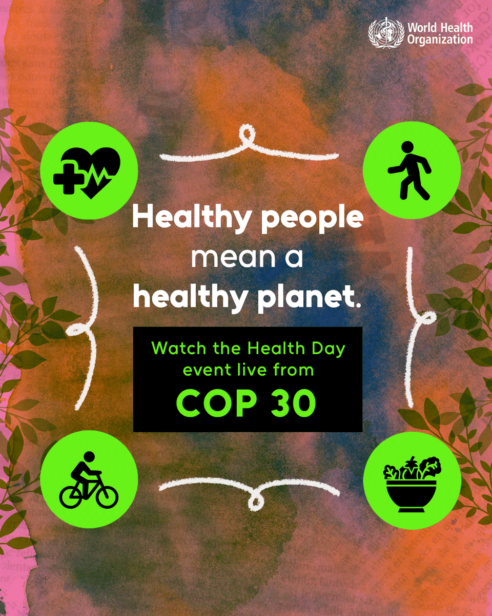 Today is Health Day at #COP30!

When health leads, #ClimateAction follows.

Through the Belém Health Action Plan, WHO is working with countries to:
🌿 Detect and prevent climate-related diseases
🏥 Strengthen health systems
👥 Put people's health at the centre of climate action
