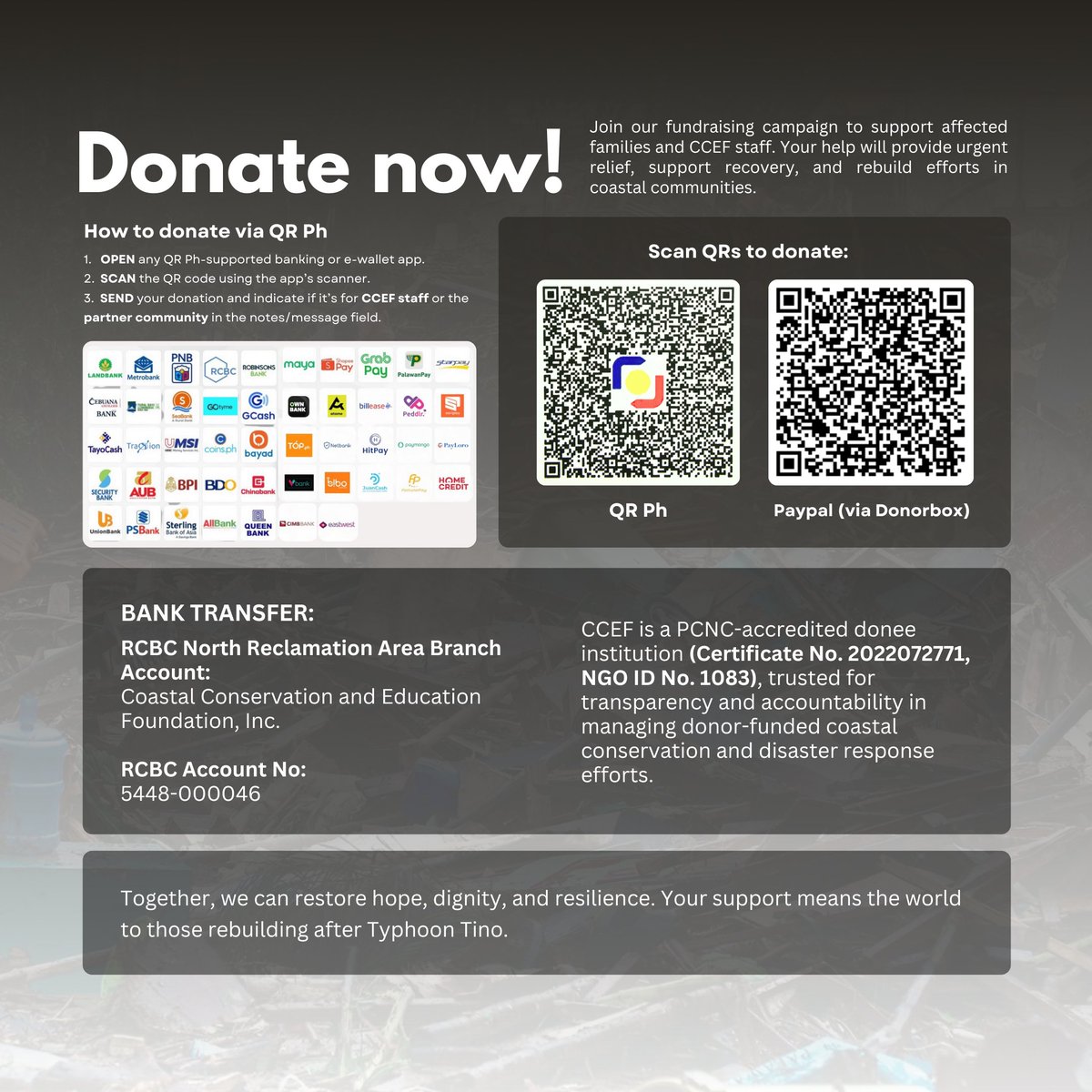 CCEF_PH's tweet image. The damage is deep and personal—from fisherfolk to staff. But so is our resolve. Help CCEF bring urgent aid and hope to coastal families hit by Typhoon Tino. Scan the QR or donate via PayPal: coast.ph/support/help-t…

#RiseBeyondTino #CCEF