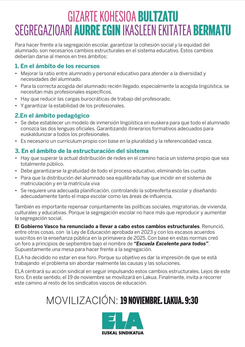 EAEn eskola-segregazioari aurre egiteko, gizarte kohesioa eta ikasleen ekitatea bermatzeko, hezkuntza sisteman aldaketa estrukturalak beharrezkoak dira.

Hori lortzeko batu <a href="/ELA_Sindikatua/">ELA Sindikatua</a>|k antolatutako mobilizaziora:

🗓Azaroak 19

📍Lakuan

🕖09:30ean

Info osoa
 👇👇👇