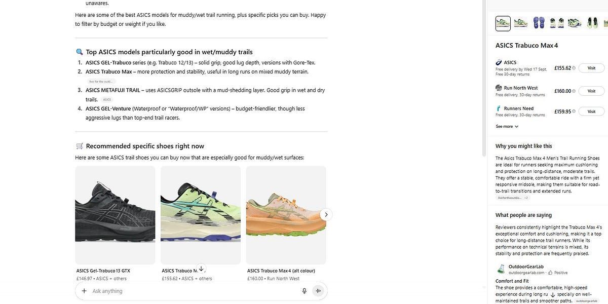 PeterSpringett's tweet image. Need to buy a new pair of running shoes? ChatGPT is the best place to start. 
#Running #TrailRunning #ecommerce #ChatGPT
artificialintelligencer.substack.com/p/i-tried-usin…