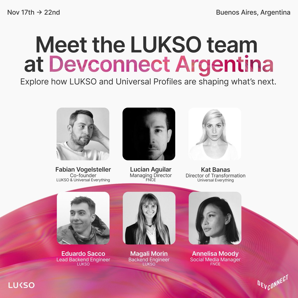 Meet the LUKSO team at Devconnect in Buenos Aires next week! 🇦🇷

We’re connecting with builders, creators, and partners to explore how LUKSO &amp; Universal Profiles can shape the future of digital identity and culture.

Got a project or idea? Let’s chat. 👋