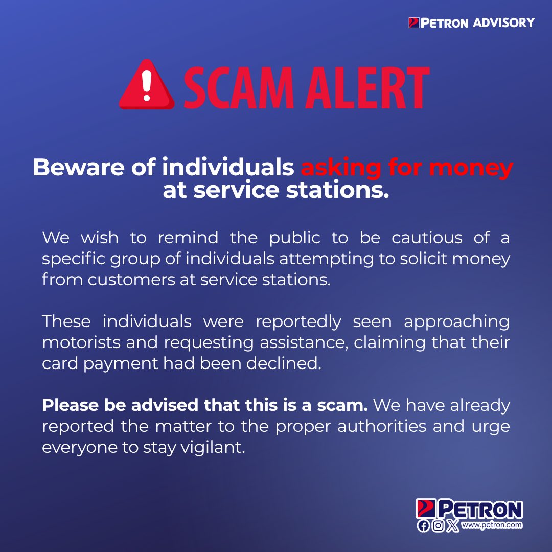 SCAM ADVISORY: We urge the public to remain vigilant against individuals soliciting money at our service stations. 

If you notice any suspicious activity, please inform us via Talk2Us@petron.com.