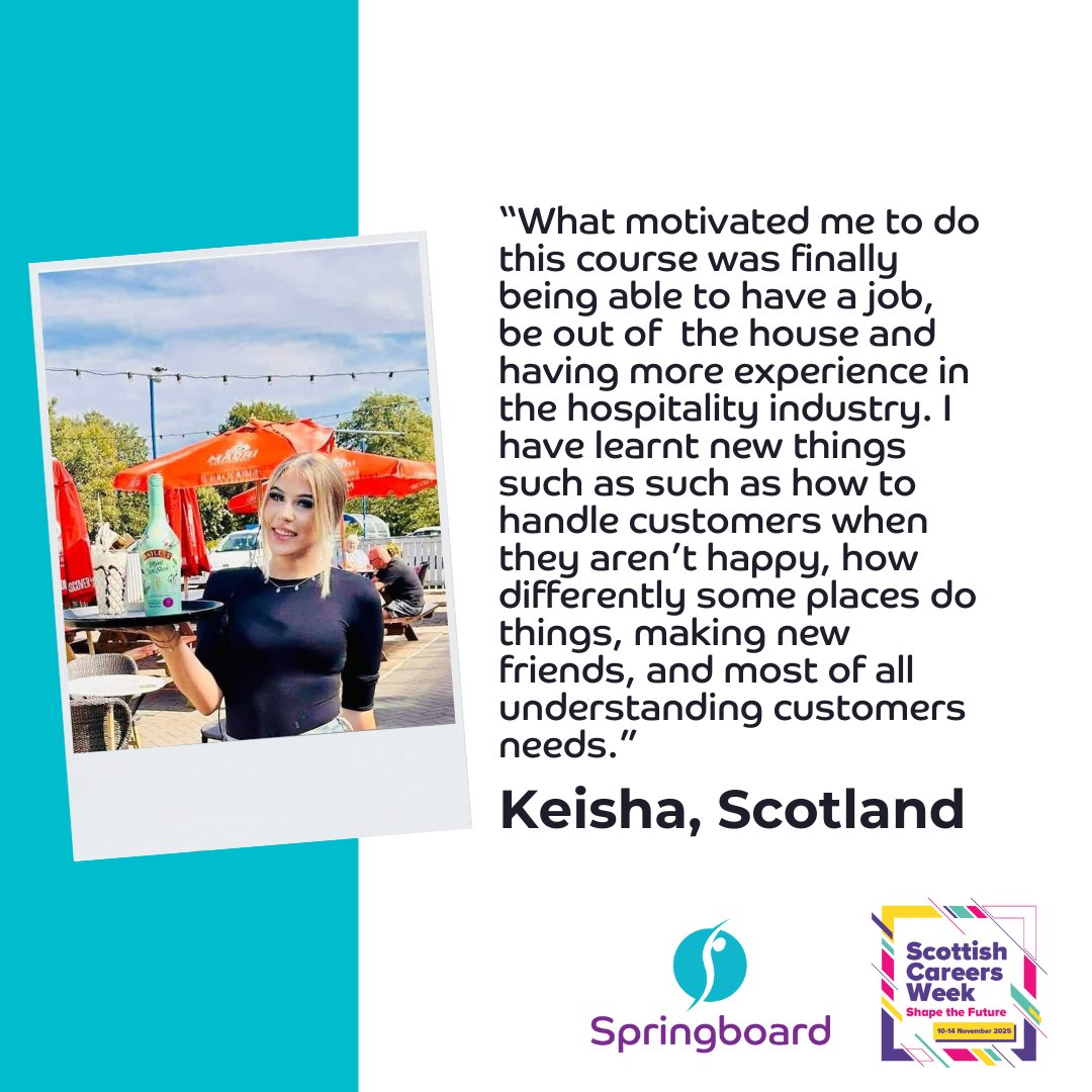 Springboard_UK's tweet image. 🌟 #ScottishCareersWeek Spotlight: Keisha’s Story
After joining the #Springboard to Hospitality programme, Keisha gained skills, confidence &amp;amp; experience - leading to a job at Hugo’s Bar! Inspiring journeys like hers show how #Springboard changes lives.
#HospitalityCareers