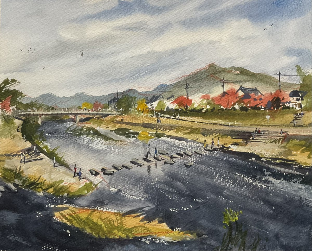 Sketch of autumn colours in Demachiyanagi looking towards Mt. Hiei
#pleinair #kyoto #watercolour