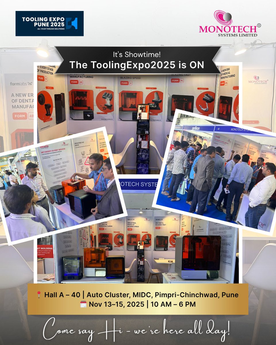 3dMonotech's tweet image. The wait is over! 🎉 #ToolingExpo2025 is live, and we’re at Hall A-40!

See the Form 4 &amp;amp; Calibry in action, explore Form 4BL, and check out our 3D printed samples.

📍 Hall A-40 | 🗓️ Nov 13–15 | ⏰ 10 AM–6 PM

@formlabs @3dMonotech 

#WeAreLive #LiveDemo