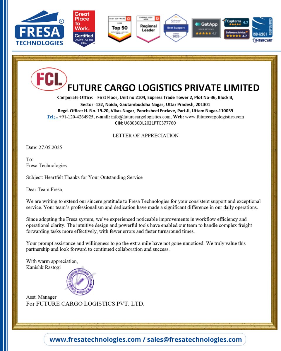 fresatechnology's tweet image. ✨We are deeply grateful to FUTURE CARGO LOGISTICS for their kind appreciation.

For more queries please visit below link fresatechnologies.com/clients-feedba…

#FresaTechnologies #FreightSolutions #FreightForwarding #LogisticsSoftware #SupplyChainTech #CustomerSatisfaction #CustomerFeedback