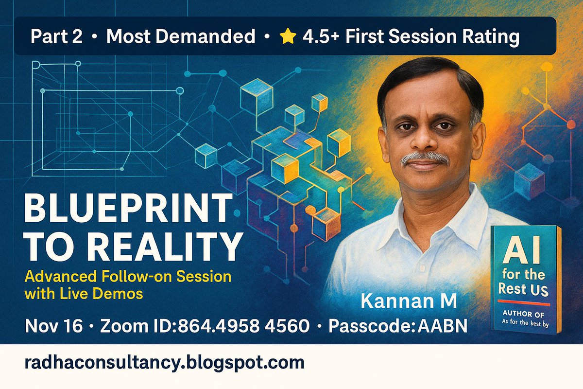 KannanM1960's tweet image. 🚀 AI for Engineers Part 2: Blueprint to Reality

After a 4.6/5 rating from 75+ engineers, the most requested session is here!
📅 16 Nov 2025
⏰ 10:30 AM - 12:30 PM
💻 Zoom: 864 4958 4560
🔐 Pass: AABN

Live Demos:
•  AI Data Analysis
•  AI Connectors

#AIForEngineers #LiveDemo