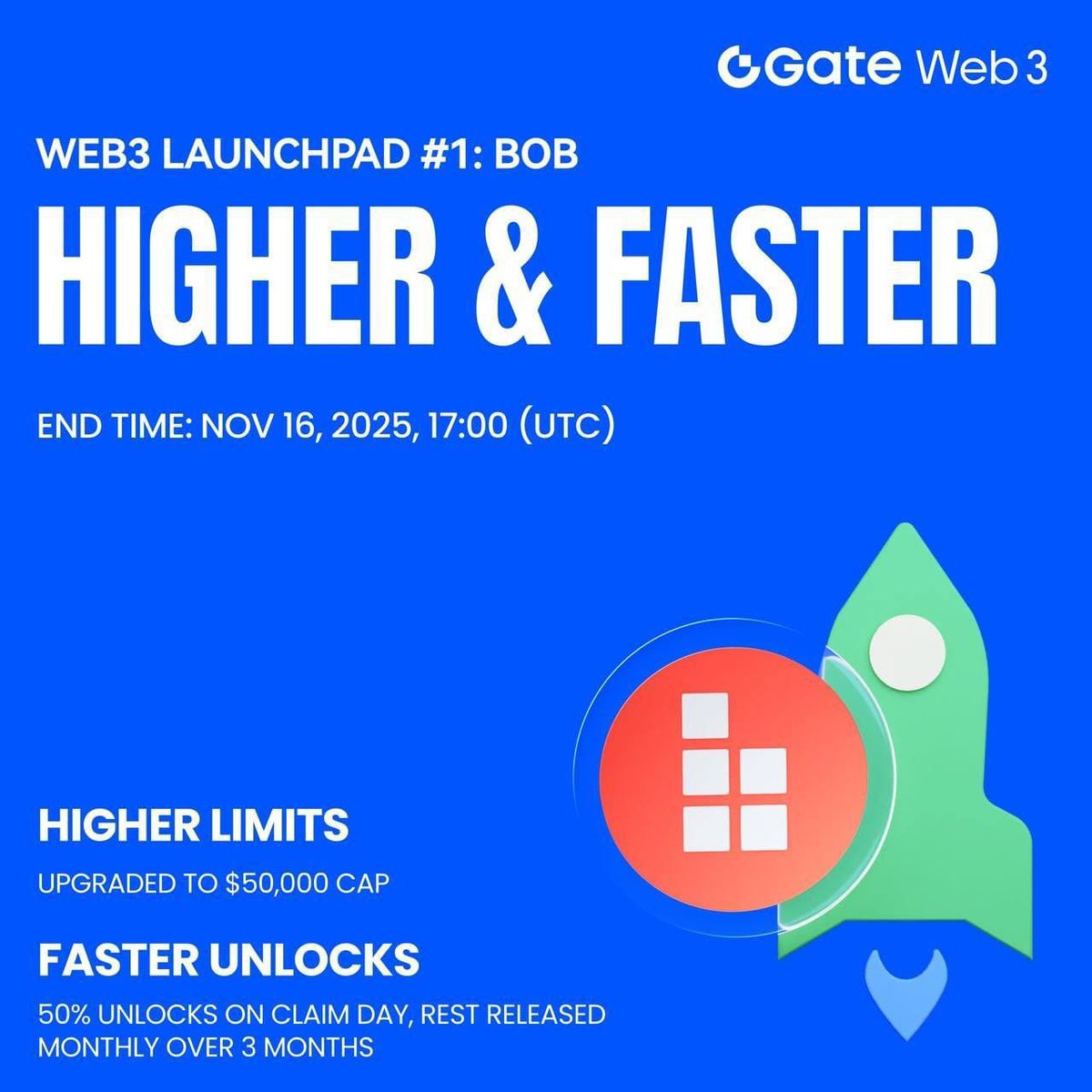 CryptonautX_'s tweet image. @GateWeb3_HQ Launchpad Phase 1  $BOB Update! 🚨

@Gate just made it even more exciting 👇

🔹 Limit Increased: Now you can subscribe up to 50,000 USDT

🔹 Unlock Faster: 50% unlocked instantly on claim day, rest over 3 months

🔹 Deadline Extended: Till Nov 17, 2025 : 01:00…