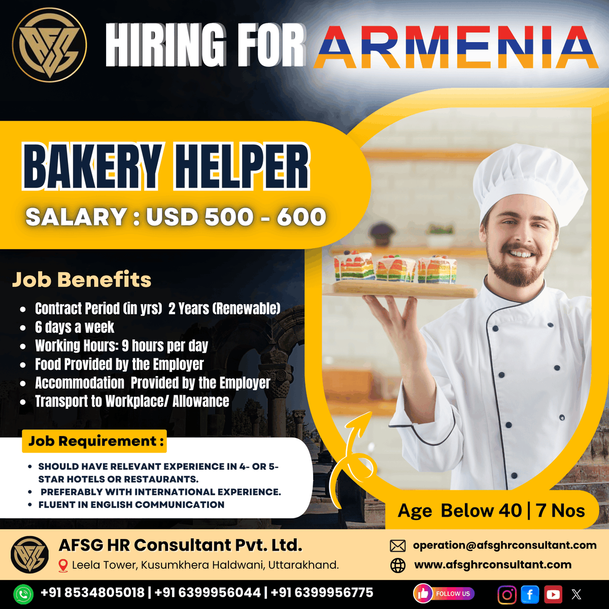 afsgconsultant's tweet image. 🌍 Exciting Job Opportunity in ARMENIA 🇦🇲
We’re hiring Bakery Helpers for top-rated hotels and restaurants! 👨‍🍳✨
📞 Apply Now:
+91 85348 05018 | +91 63999 56044 | +91 63999 56775
🌐 afsghrconsultant.com
#AFSGHRConsultant #JobsInArmenia #BakeryHelperJobs #AbroadJobOpportunity