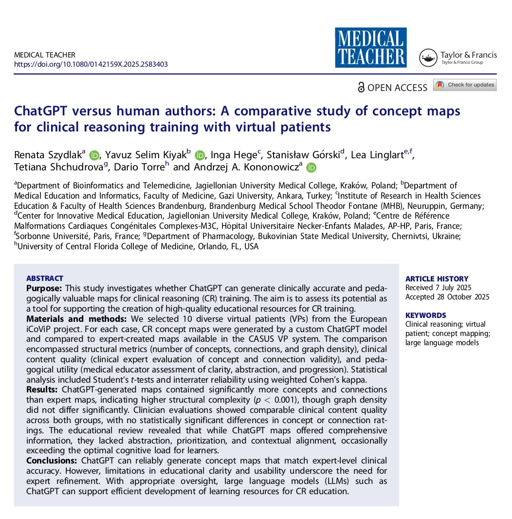 MedEdFlamingo's tweet photo. Our new study conducted with an international team has been published yesterday in @MedTeachJournal.

It focuses on whether ChatGPT can create clinically accurate and educationally useful concept maps for teaching clinical reasoning via virtual patients. #MedEd https://t.co/SfpB8icQs6