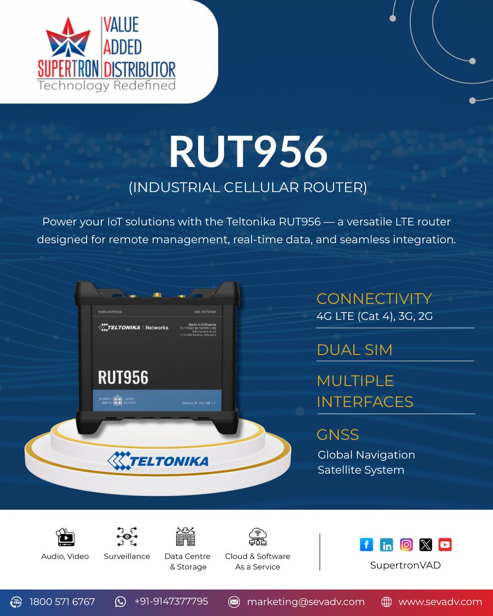 supertronvad's tweet image. Power your IoT solutions with the Teltonika RUT956 — a versatile LTE router designed for remote management, real-time data, and seamless integration. Because every smart system needs a smart connection.
#TeltonikaRUT956 #IoTSolutions #SmartConnectivity #TeltonikaNetworks