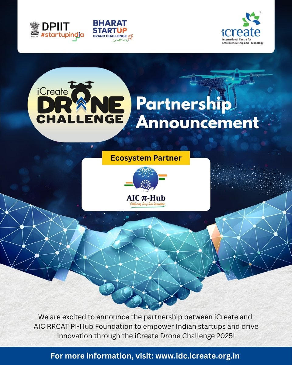 icreatenextgen's tweet image. We’re excited to announce @AICpiHub  as an Ecosystem Partner for the iCreate Drone Challenge 2025!

The iCreate Drone Challenge is a national initiative to identify and nurture India’s most promising drone innovators. Through this partnership, we aim to strengthen the country’s…