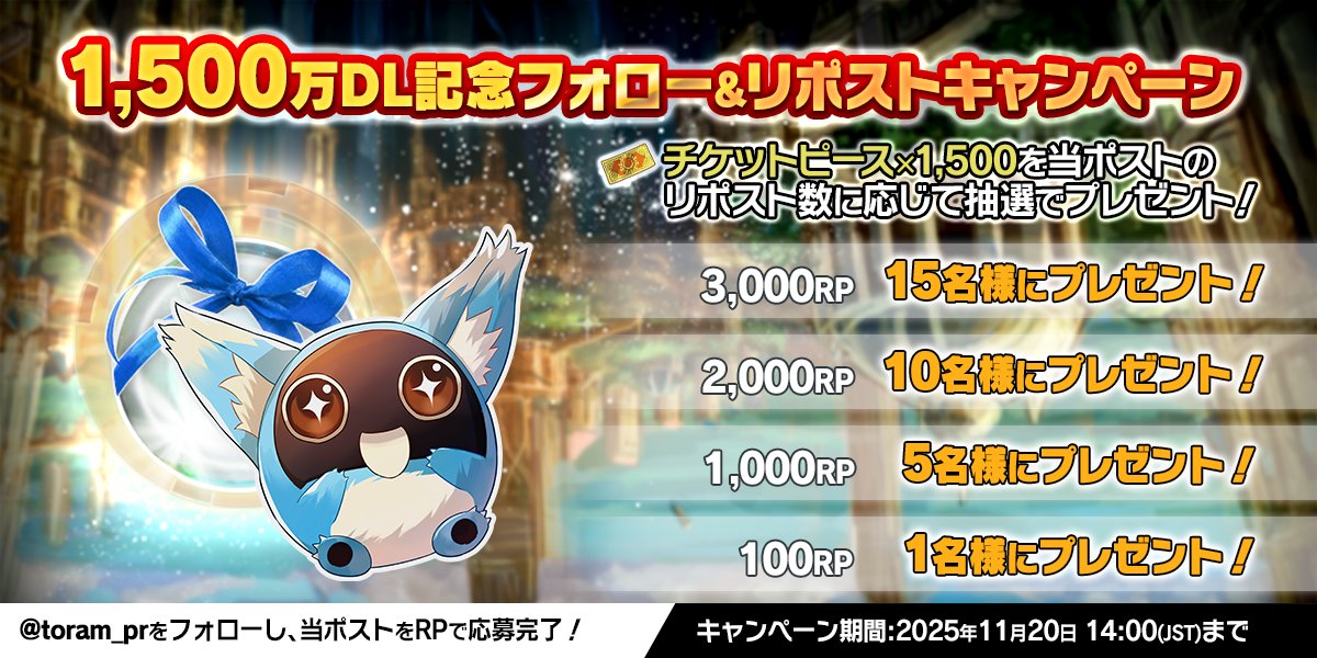 (｡･ω･)ﾉﾞ1500万DL記念RP(リポスト)キャンペーン開催！

本投稿をRPした方の中から抽選で「チケットピースx1,500」をプレゼント！

当アカウント(<a href="/toram_pr/">トーラムオンラインの広報ポトゥムさん</a>)をフォロー&amp;この投稿をRPで応募完了
RP数に応じて、当選人数がUPポム！

応募期間:2025年11月20日(木)14:00(JST)まで

#トーラム