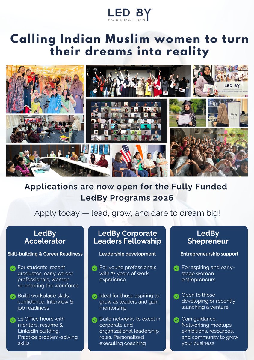 Calling #ambitious, passionate, and fearless #Indian #Muslim #women who are ready to lead and rewrite the story of their representation 🧕🏻🚀💪🏻

✅ APPLICATIONS ARE OPEN FOR LEDBY PROGRAMS 2026

👉🏻 Know more about the programs and #APPLY HERE: ledby.org/apply-for-ledby