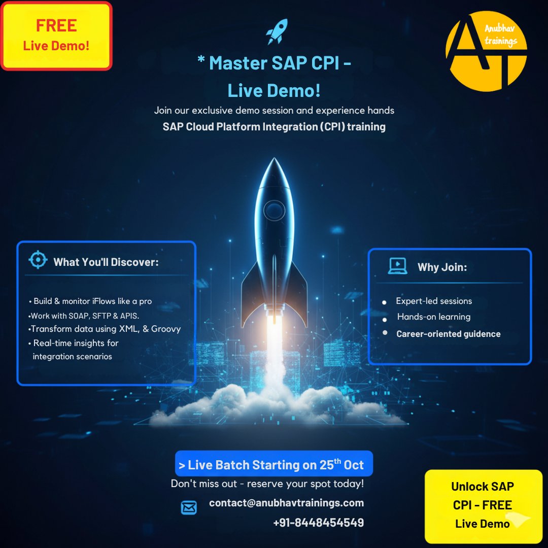 Vaishal93415071's tweet image. 🚀Live SAP CPI (Cloud Platform Integration) Training — designed for professionals who want to master real-world integration between SAP and non-SAP systems. 💡
#SAPCPI  #SAPIntegration #AnubhavTrainings
Visit us on anubhavtrainings.com
Mail us on contact@anubhavtrainings.com