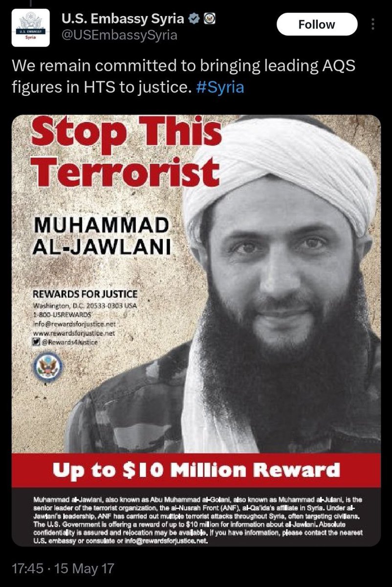 En 2017, il était le terroriste le plus recherché de la planète, tueur de chrétiens. 10 millions de dollars de récompense ! 
Maintenant il est président de la Syrie, continue de massacrer des chrétiens mais il est reçu partout et n'est plus recherché ! Ils se foutent de nous,