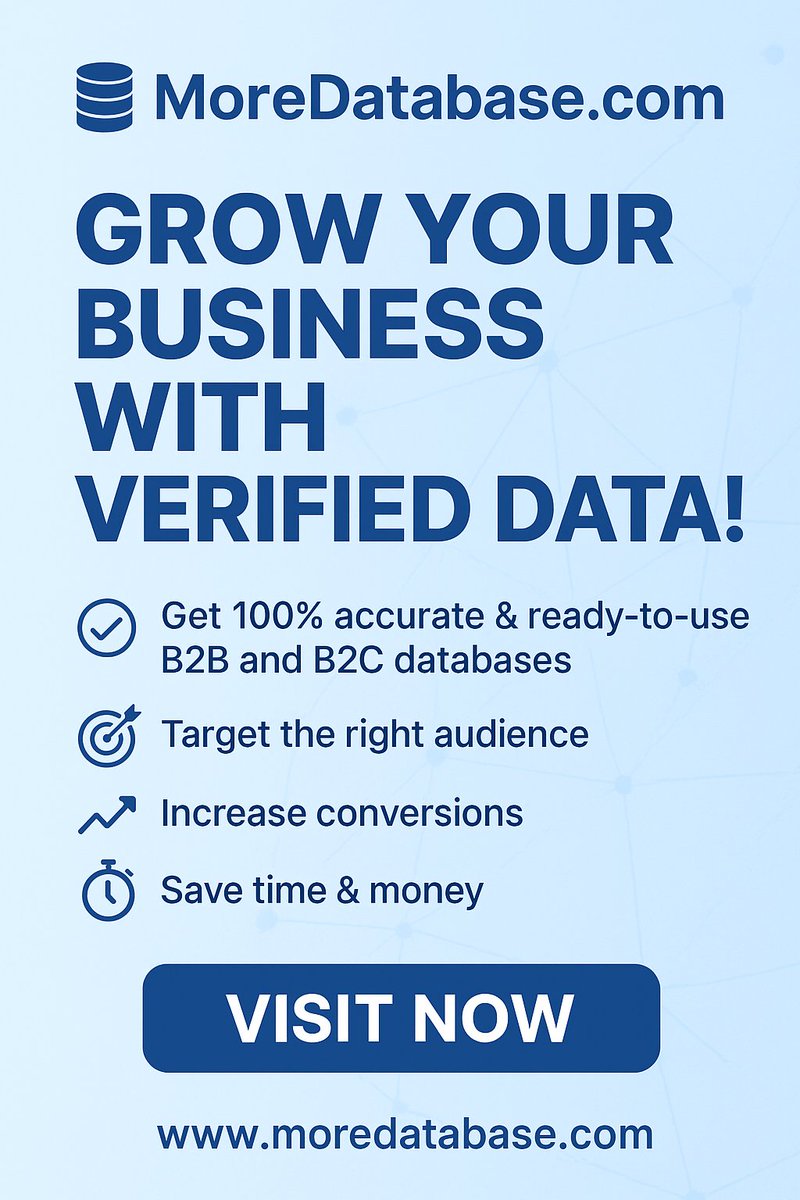 moredatabase's tweet photo. π Need Verified Business or Customer Database?
Find 100% Accurate & Verified Email, Phone, and Business Databases at https://t.co/abKjKOclQj
#MoreDatabase #LeadGeneration #B2BLeads #B2CLeads #EmailDatabase #BusinessGrowth #MarketingData #VerifiedLeads #DigitalMarketing https://t.co/v9bsU6OOSQ
