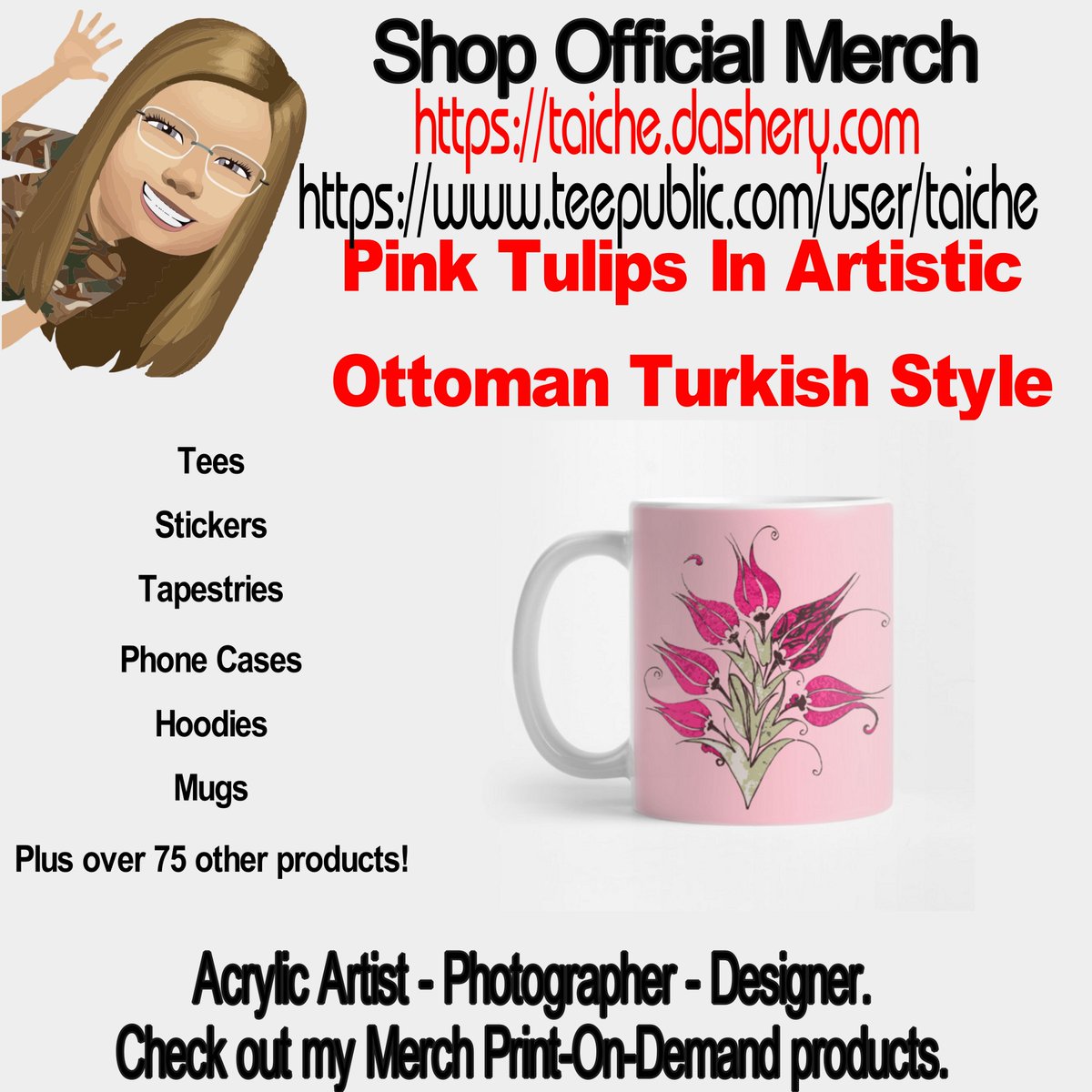 TaicheTees's tweet photo. #PinkTulips In Artistic #Ottoman #TurkishStyle - Tulips Flowers - #TShirt #teepublic  #taiche A vector design of beautiful tulip flowers. Dramatic calligraphy-style art. An Ottoman decorative floral merging cultural influences in art. https://t.co/k15fKbjVEu https://t.co/FscH48vl1D