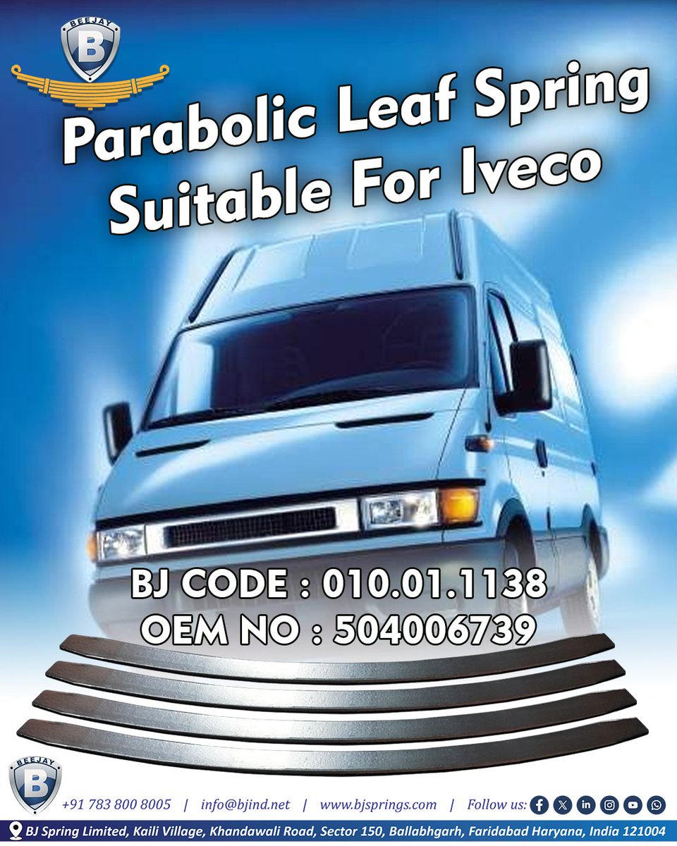 bjspringsind's tweet image. Reliable suspension for Iveco fleets is now available! Parabolic Leaf Spring suitable for Iveco, built for durability. BJ CODE: 010.01.1138OEM NO: 50406739

Get your quote: info@bjind.net

 #IvecoParts #FleetReliability #LeafSpring #Automotive #B2B