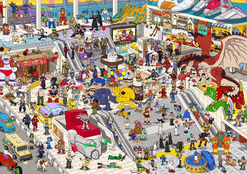 CAPCOM_AWT's tweet image. 大阪、阪急さんを舞台に、カプコン40年をぎゅっとつめこんだイラストを描いてみました！キャラクターが様々なリアクションをしてるので、よく見てみて欲しいです！よーく見ると、あの人物も！！（YOSSY）
#カプコンアートワーク #CAPCOM #ARTWORK
