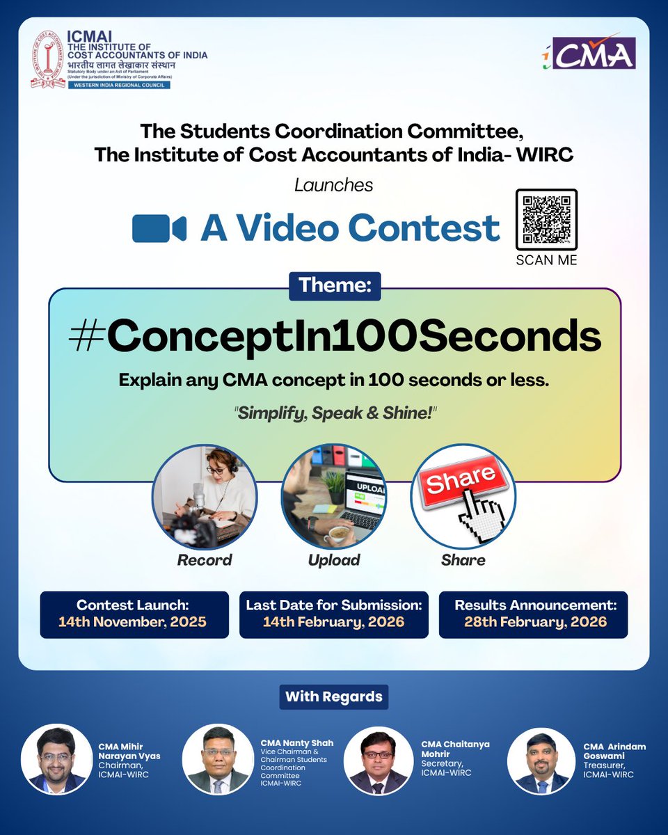 icmaiwirc's tweet photo. ๐ฅ Show your CMA brilliance in 100 seconds!Join #ConceptIn100Seconds by ICMAI-WIRC ๐ฏ
Explain any CMA concept in under 100 secs & Simplify, Speak & Shine!
๐
Launch: 14 Nov | ๐ Submit by: 14 Feb | ๐ Results: 28 Feb
๐ https://t.co/hc8fBPWauy
#ICMAIWIRC #CMAStudents #FutureCMAs https://t.co/wm4sSCgCST