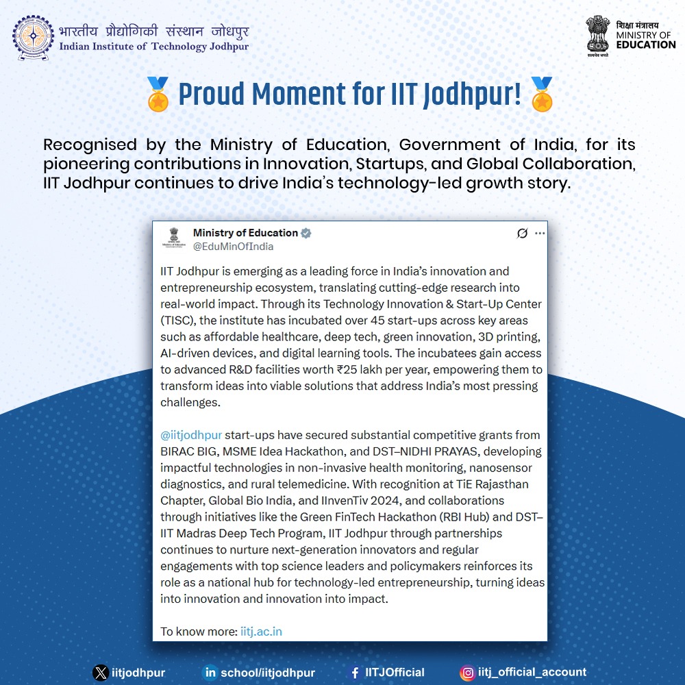 iitjodhpur's tweet image. Proud moment for @iitjodhpur!
Recognised by @EduMinOfIndia for leadership in innovation, startups &amp;amp; global collaboration.
💡 45+ startups incubated at #TISC in AI, deep tech, green innovation &amp;amp; healthcare.
🌍 Global links with RBI Hub, DST &amp;amp; MIT–WPU.
🔗 iitj.ac.in￼