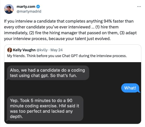 NickSinghTech's tweet image. How should the interview process change, to adapt to the rise of AI/LLMs/chatGPT?
