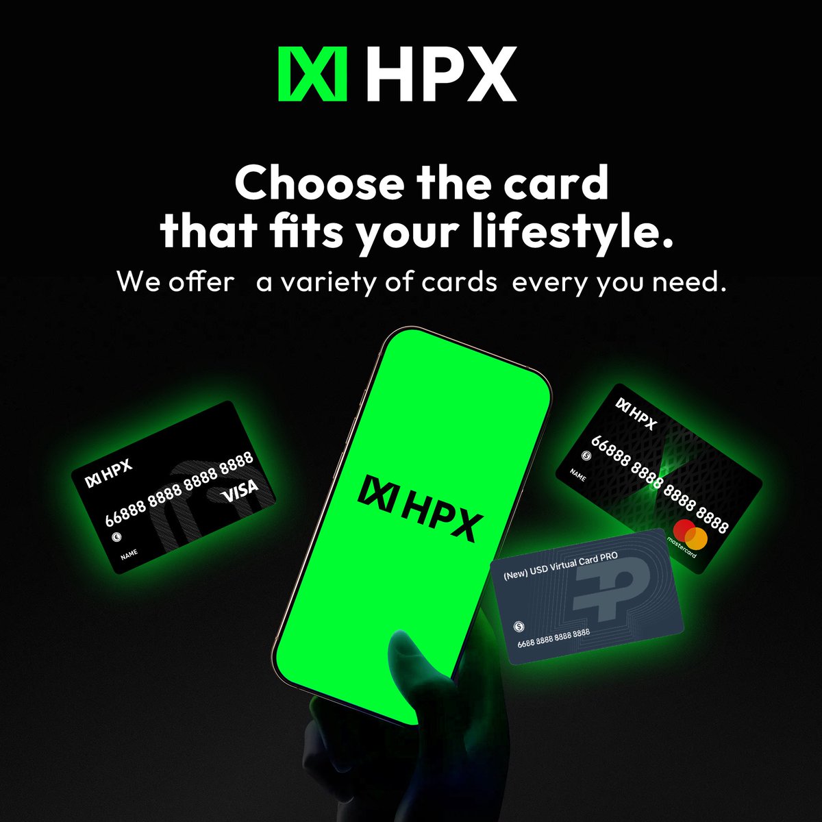 Hpx_Official's tweet photo. Choose the card that fits your lifestyle.
We offer a variety of cards every you need.
#HyperCard #HPX #Crypto https://t.co/avdxaFVEoW