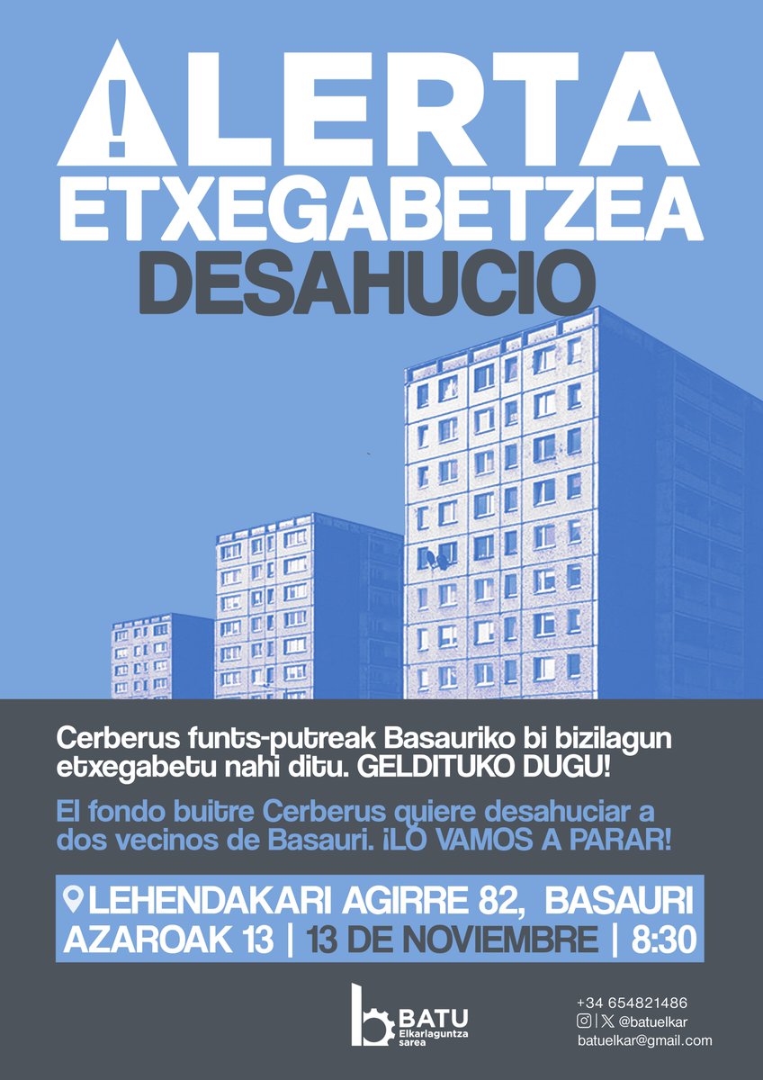 🚨🚨 ERNE GAUR ETXEGABETZEA BASAURIN!
🚨🚨

Cerberus putre funtsak Basauriko bi auzokide etxegabetu nahi ditu. EZ DUGU ONARTUKO!

Gertakarien jarraipena egingo dugu bertatik.
⬇️⬇️⬇️⬇️

BATU ERRESISTENTZIARA!